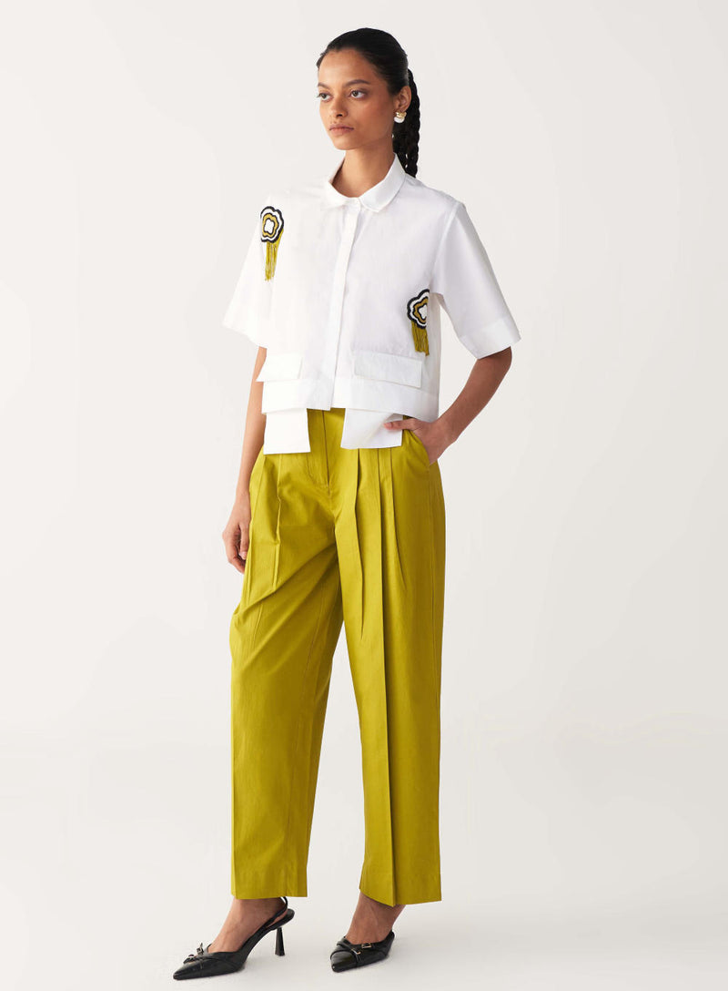 BEADED CROP FRINGE TOP CO-ORD-IVORY & LIME poplin by THREE for women in Singapore