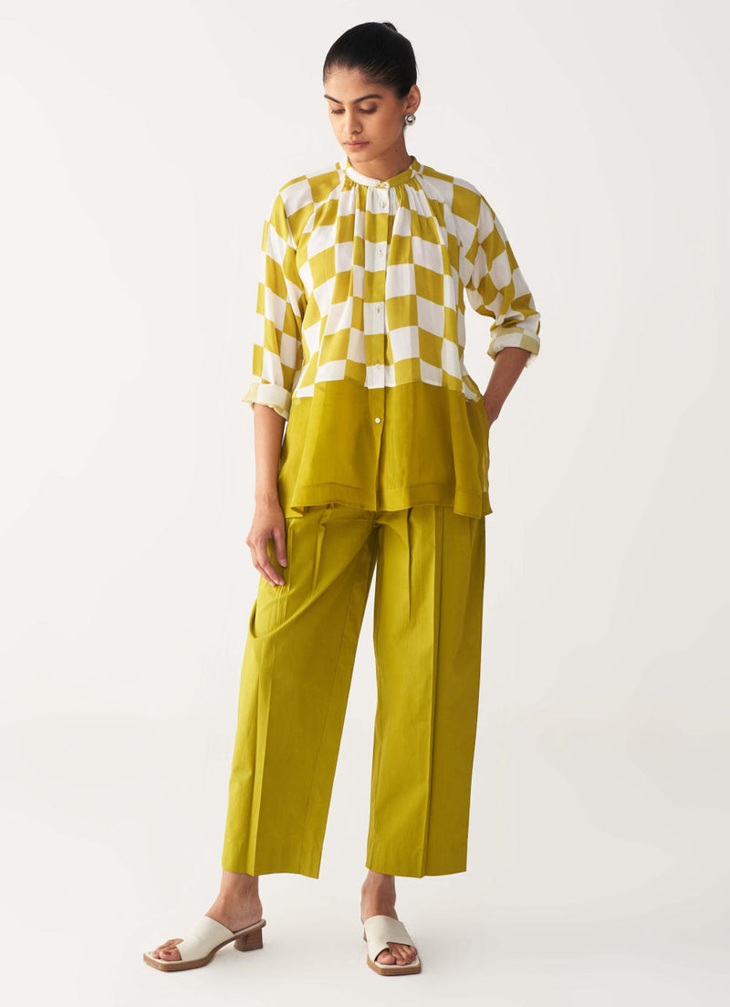 CHECKERED PEASANT TOP -LIME CHECK silk by THREE for women in Singapore