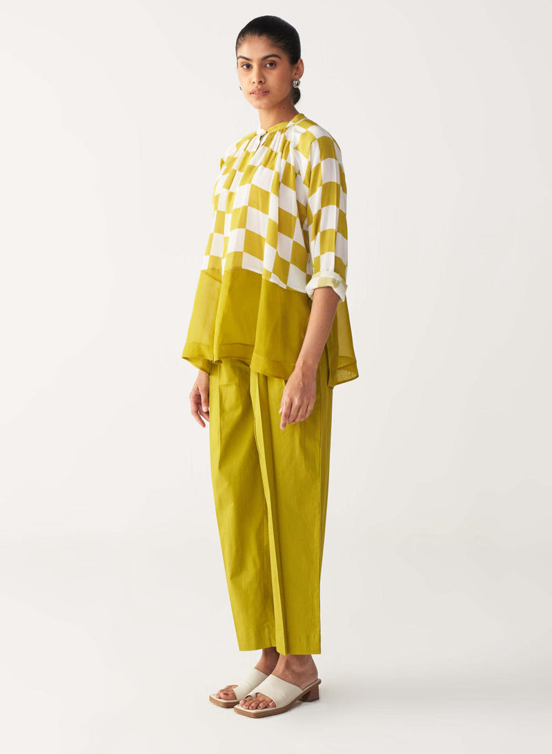 CHECKERED PEASANT TOP -LIME CHECK silk by THREE for women in Singapore