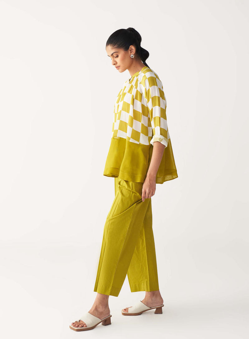 CHECKERED PEASANT TOP -LIME CHECK silk by THREE for women in Singapore