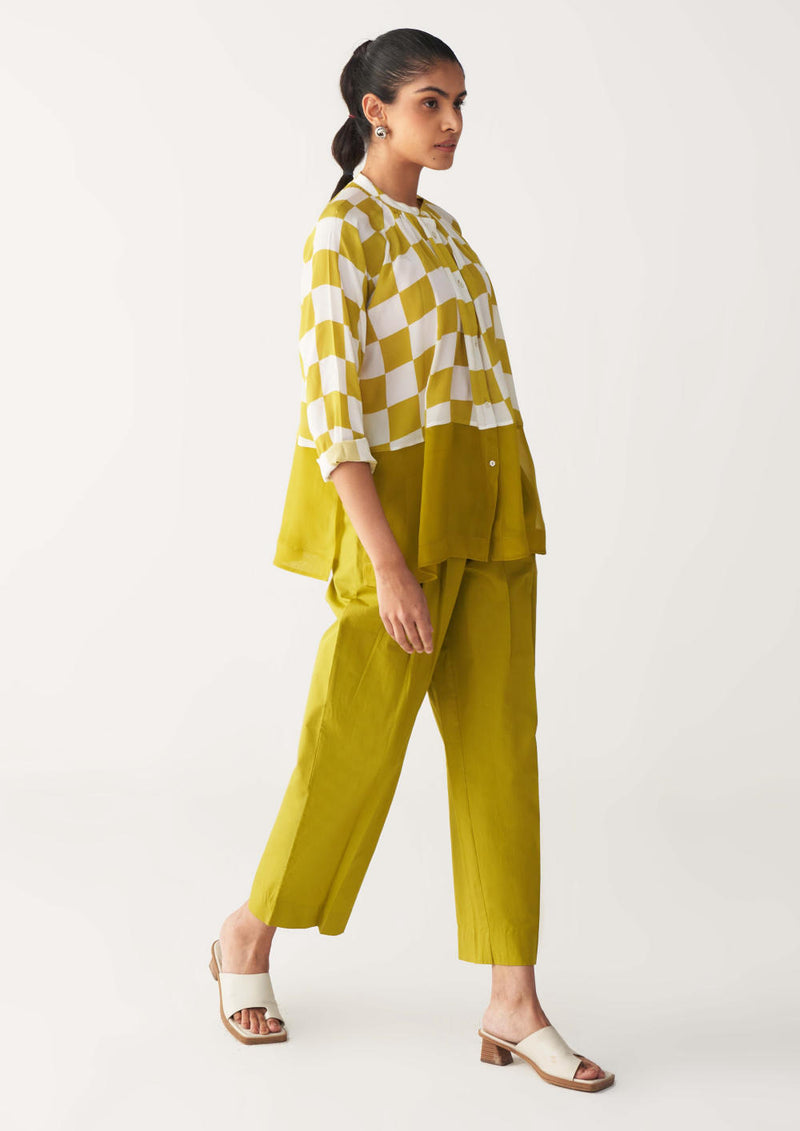CHECKERED PEASANT TOP -LIME CHECK silk by THREE for women in Singapore