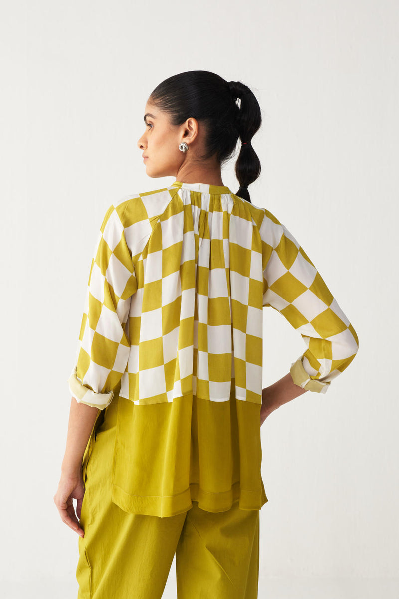 CHECKERED PEASANT TOP -LIME CHECK silk by THREE for women in Singapore