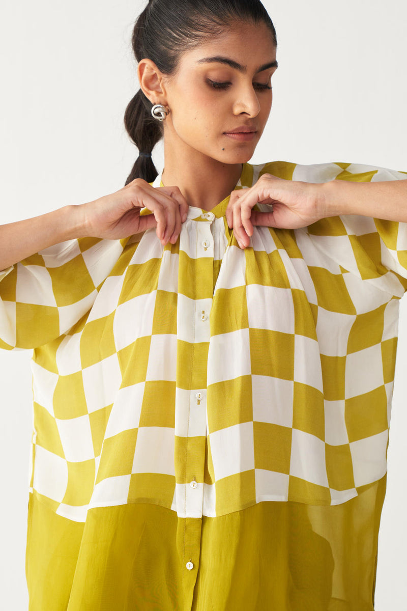 CHECKERED PEASANT TOP -LIME CHECK silk by THREE for women in Singapore