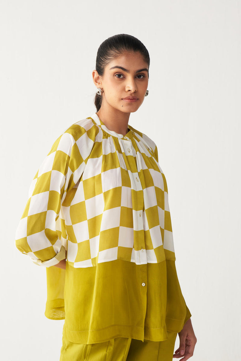 CHECKERED PEASANT TOP -LIME CHECK silk by THREE for women in Singapore