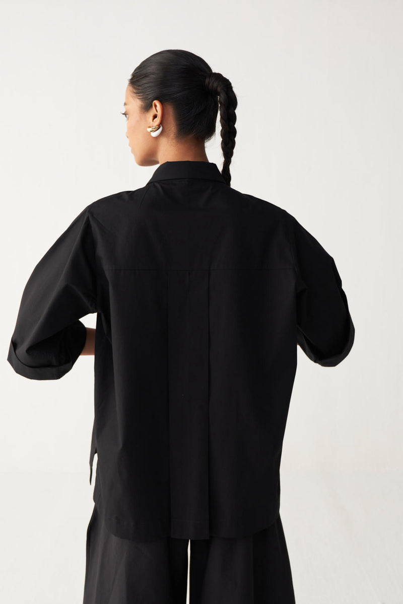FLORAL FRINGE SHIRT -BLACK poplin by THREE in black color for women in Singapore