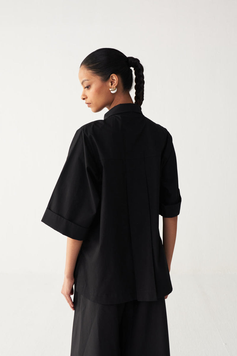FLORAL FRINGE SHIRT -BLACK poplin by THREE in black color for women in Singapore