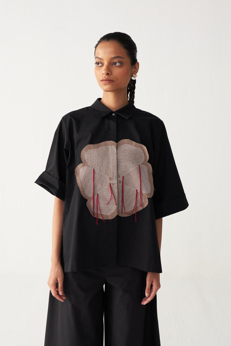 FLORAL FRINGE SHIRT -BLACK poplin by THREE in black color for women in Singapore