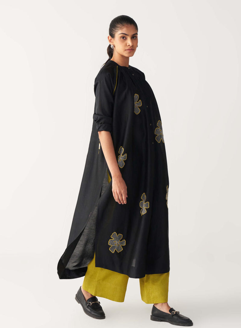 FLORAL EMB. GATHER NECK SHIRT-BLACK chanderi by THREE in black color for women in Singapore