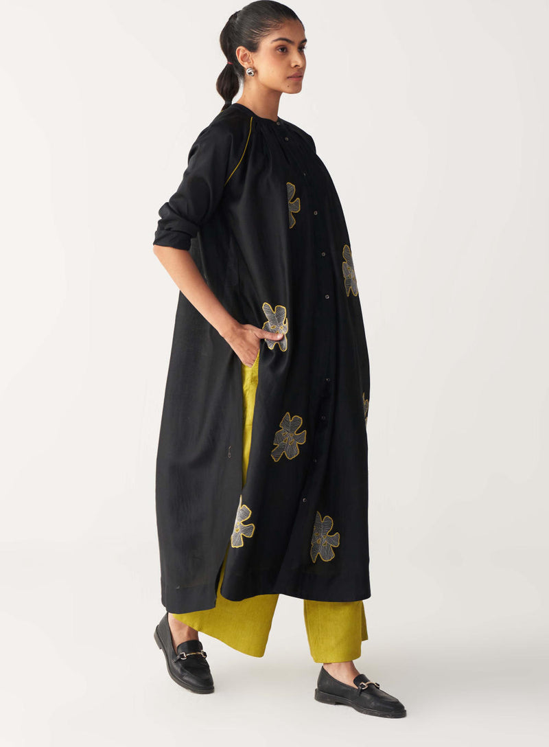 FLORAL EMB. GATHER NECK SHIRT-BLACK chanderi by THREE in black color for women in Singapore