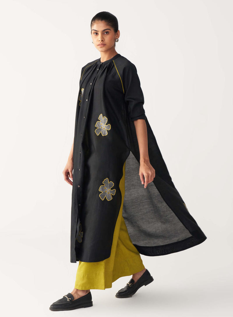 FLORAL EMB. GATHER NECK SHIRT-BLACK chanderi by THREE in black color for women in Singapore