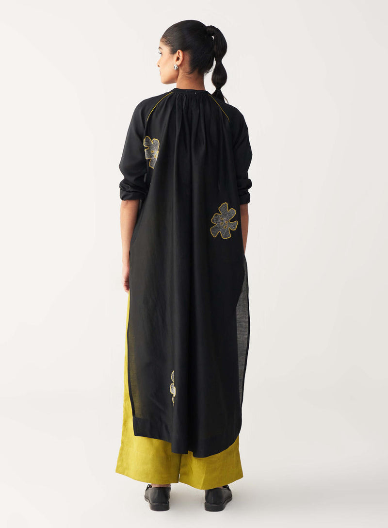 FLORAL EMB. GATHER NECK SHIRT-BLACK chanderi by THREE in black color for women in Singapore