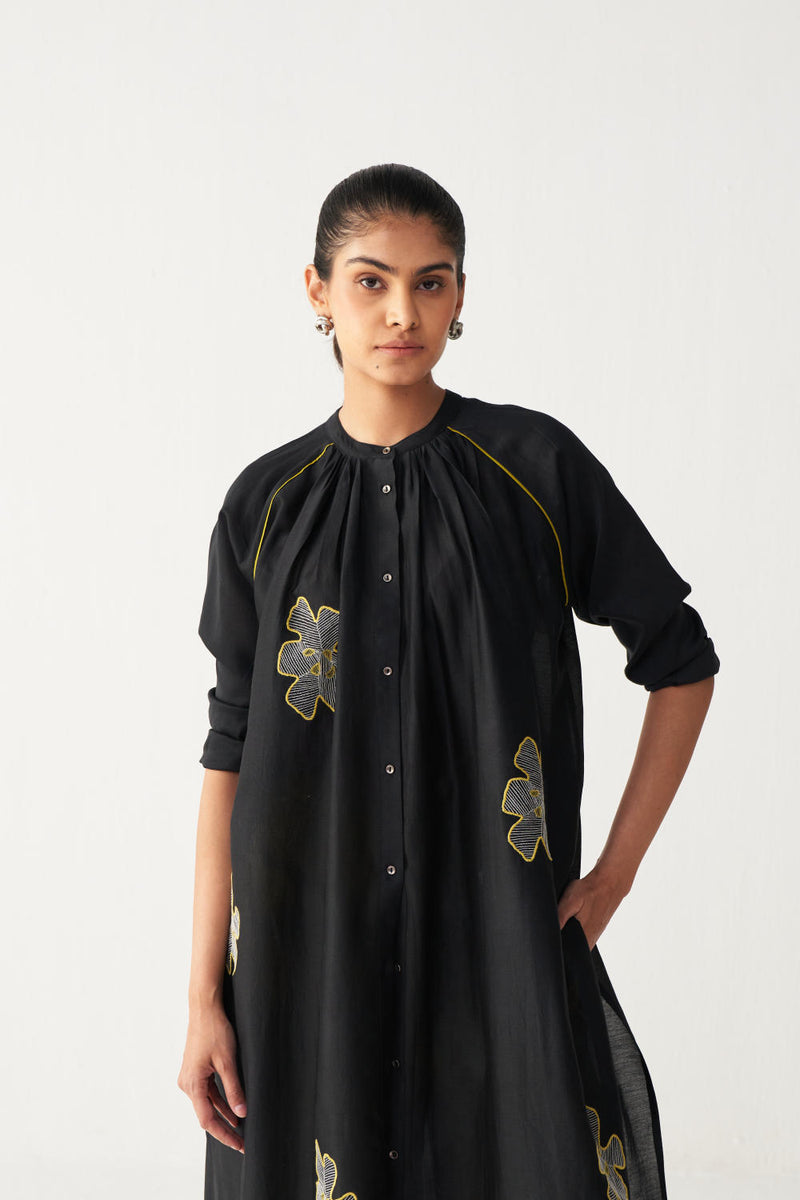FLORAL EMB. GATHER NECK SHIRT-BLACK chanderi by THREE in black color for women in Singapore