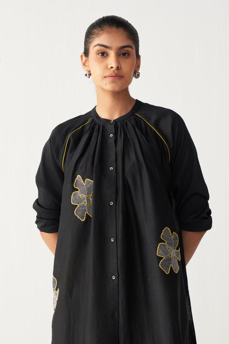 FLORAL EMB. GATHER NECK SHIRT-BLACK chanderi by THREE in black color for women in Singapore
