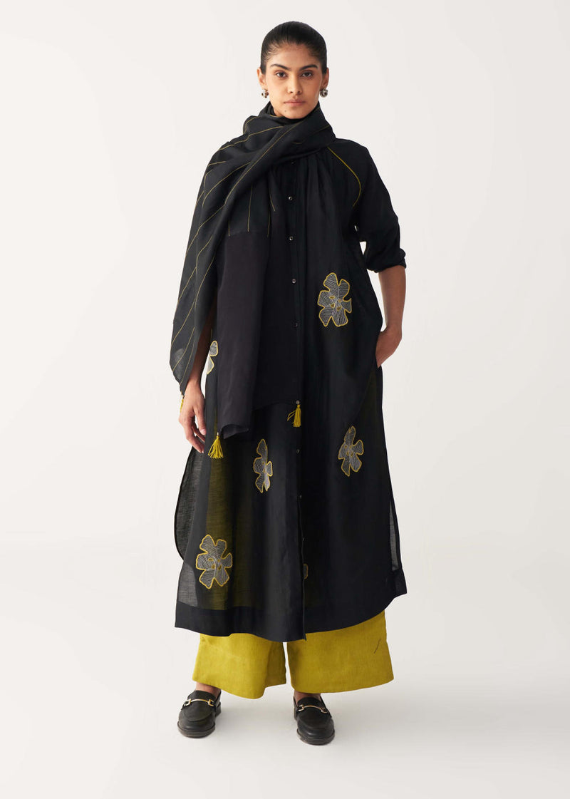 PANEL EMBROIDERED SCARF-BLACK chanderi by THREE in black color for women in Singapore