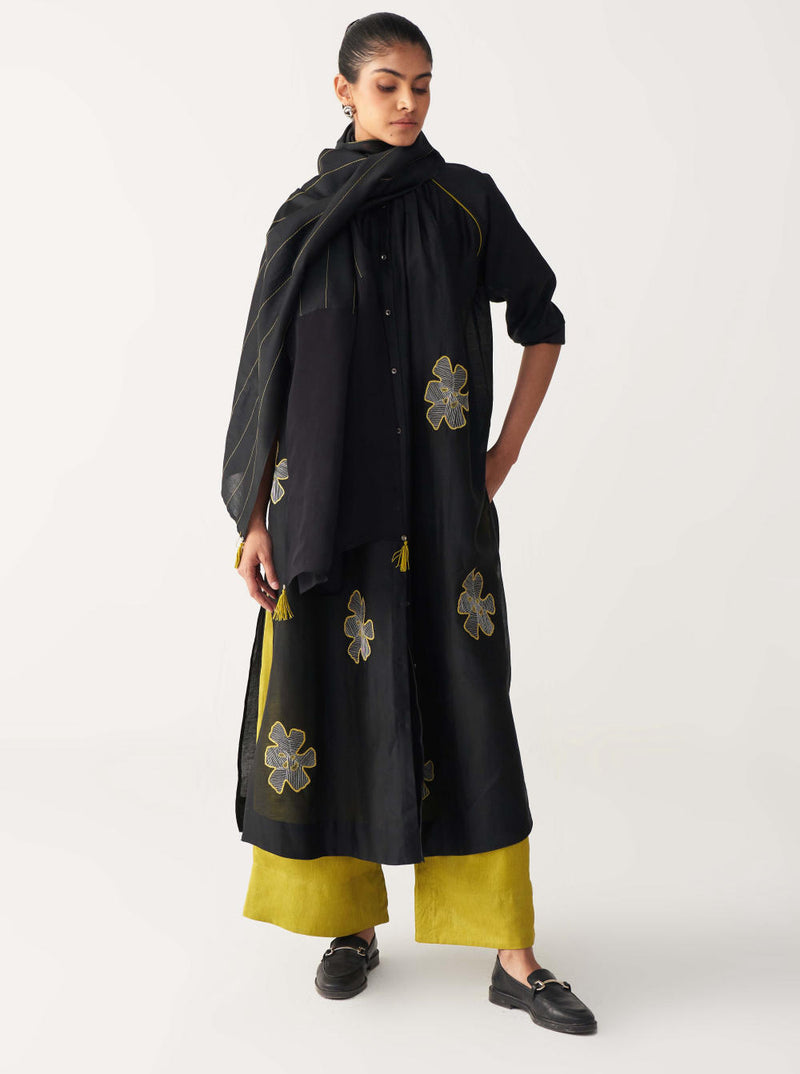 FLORAL EMB. GATHER NECK SHIRT CO-ORD (SET OF 3)-BLACK & LIME chanderi by THREE in black color for women in Singapore