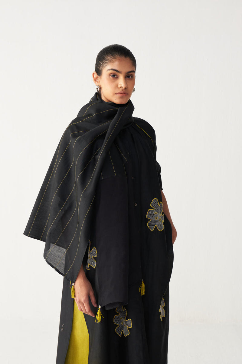 FLORAL EMB. GATHER NECK SHIRT CO-ORD (SET OF 3)-BLACK & LIME chanderi by THREE in black color for women in Singapore