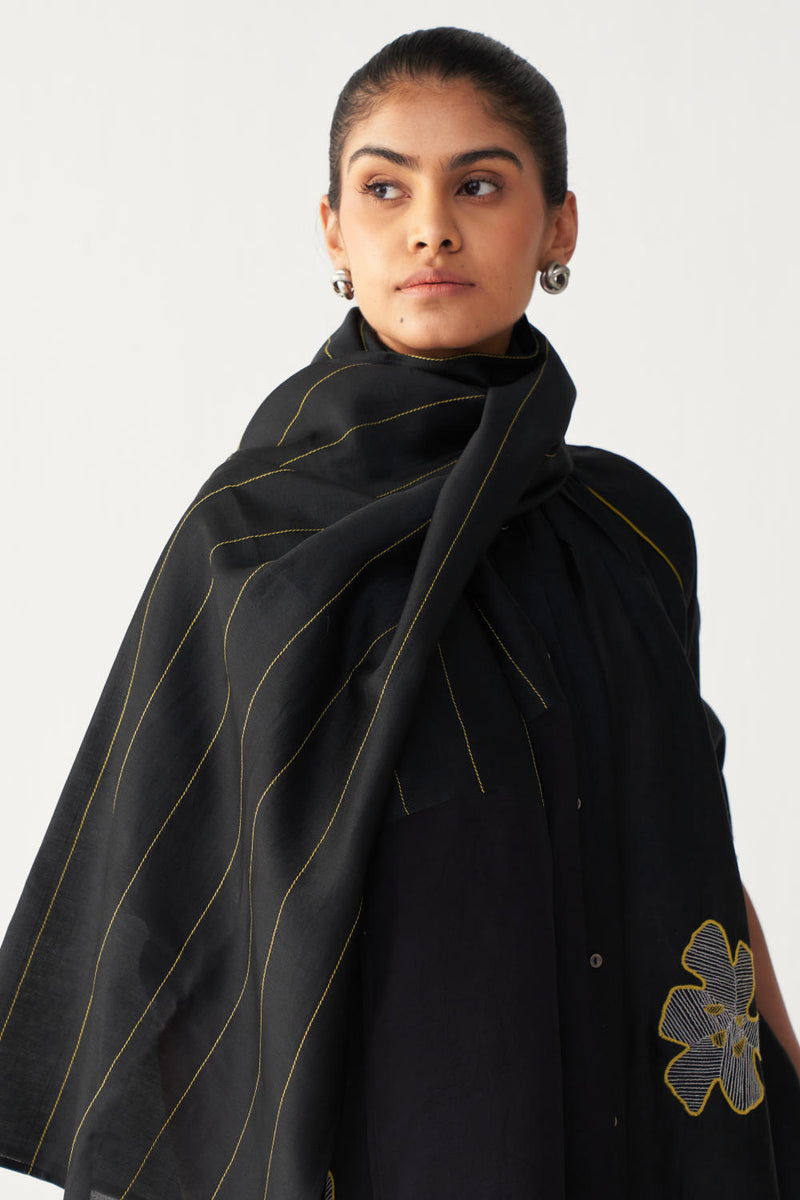 FLORAL EMB. GATHER NECK SHIRT CO-ORD (SET OF 3)-BLACK & LIME chanderi by THREE in black color for women in Singapore
