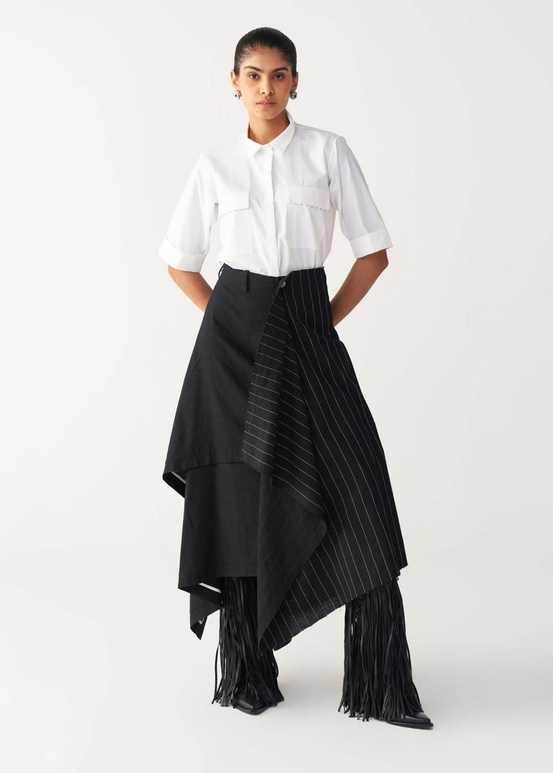 EMB. HANDKERCHIEF SKIRT CO-ORD-BLACK & WHITE poplin by THREE in black color for women in Singapore