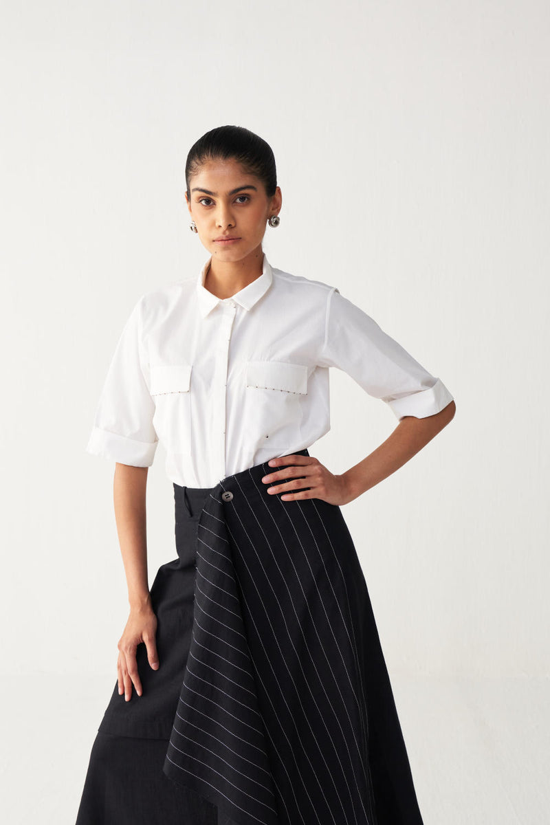 EMB. HANDKERCHIEF SKIRT CO-ORD-BLACK & WHITE poplin by THREE in black color for women in Singapore