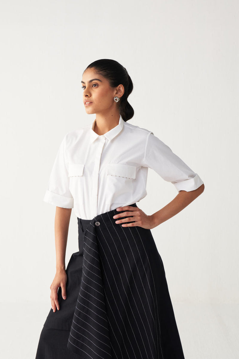 EMB. HANDKERCHIEF SKIRT CO-ORD-BLACK & WHITE poplin by THREE in black color for women in Singapore