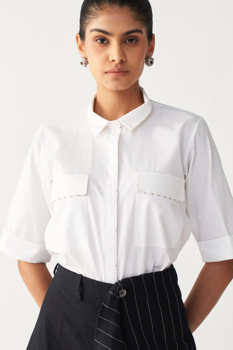 EMB. HANDKERCHIEF SKIRT CO-ORD-BLACK & WHITE poplin by THREE in black color for women in Singapore