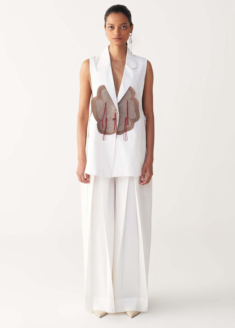 FLORAL FRINGE WAIST COAT-WHITE poplin by THREE in white color for women in Singapore