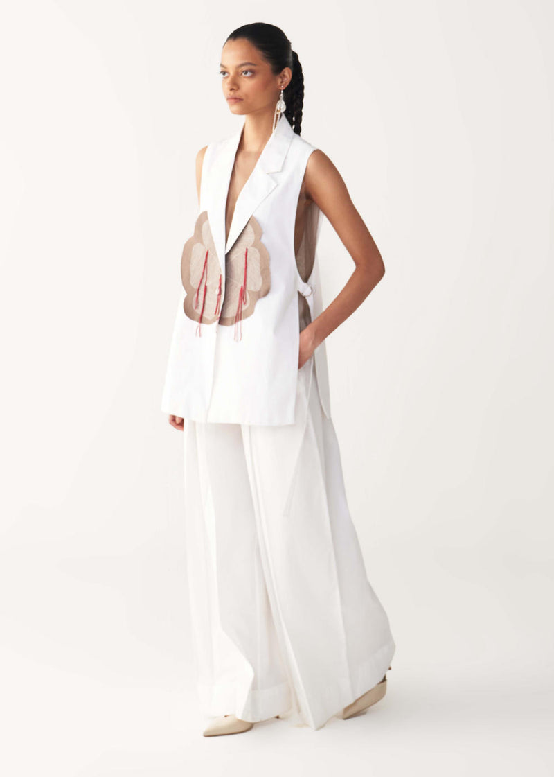 FLORAL FRINGE WAIST COAT-WHITE poplin by THREE in white color for women in Singapore