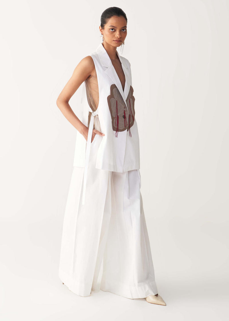 FLORAL FRINGE WAIST COAT-WHITE poplin by THREE in white color for women in Singapore