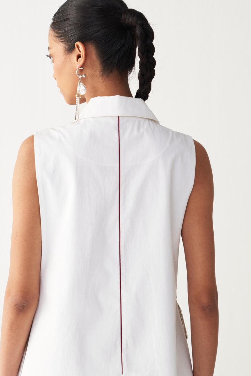 FLORAL FRINGE WAIST COAT CO-ORD-WHITE poplin by THREE in white color for women in Singapore