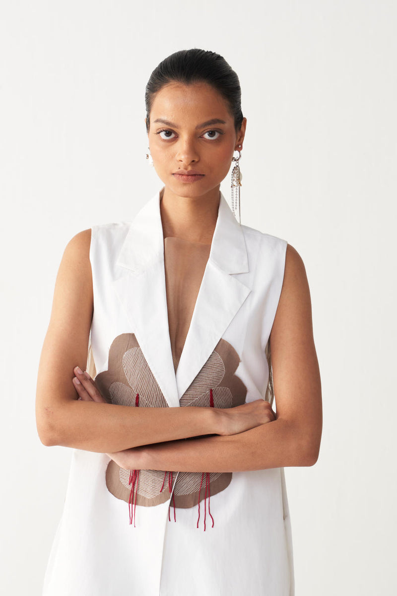 FLORAL FRINGE WAIST COAT-WHITE poplin by THREE in white color for women in Singapore