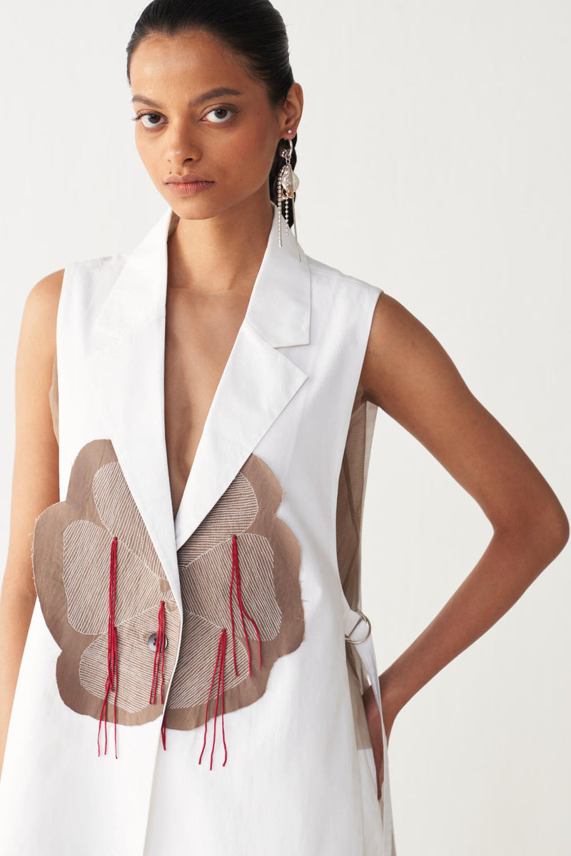 FLORAL FRINGE WAIST COAT-WHITE poplin by THREE in white color for women in Singapore