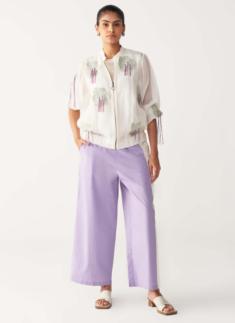 FLORAL FRINGE BOMBER CO-ORD-IVORY & LAVENDER chanderi by THREE in ivory color for women in Singapore