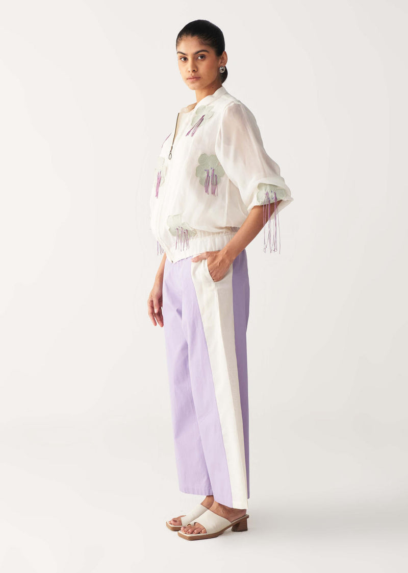 FLORAL FRINGE BOMBER-IVORY chanderi by THREE in ivory color for women in Singapore
