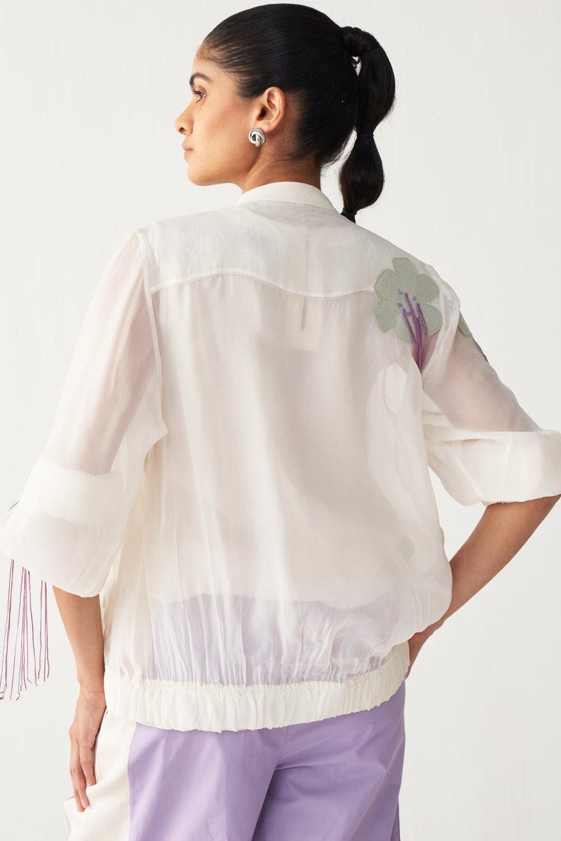 FLORAL FRINGE BOMBER-IVORY chanderi by THREE in ivory color for women in Singapore