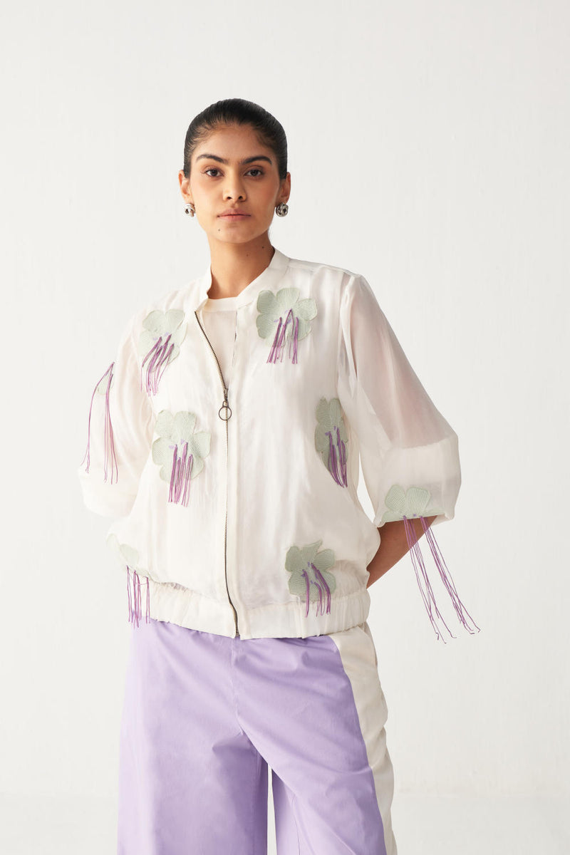 FLORAL FRINGE BOMBER CO-ORD-IVORY & LAVENDER chanderi by THREE in ivory color for women in Singapore