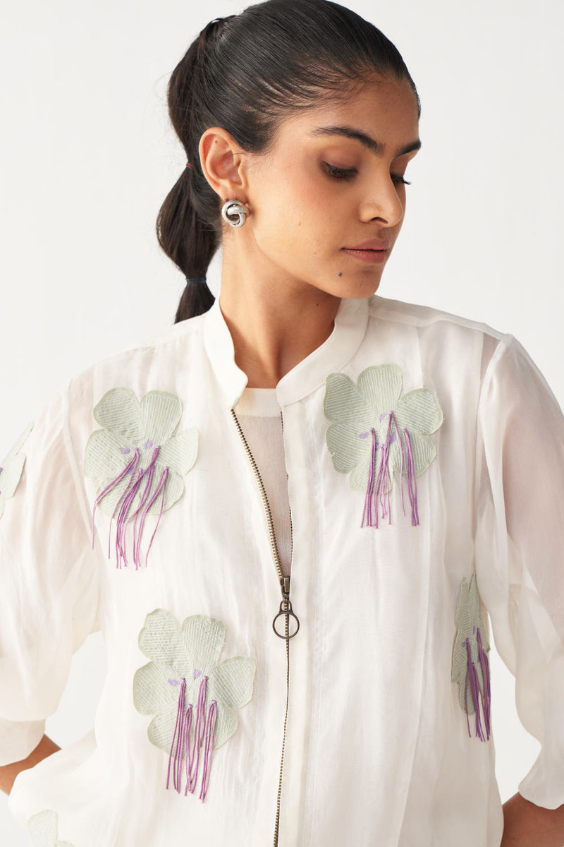 FLORAL FRINGE BOMBER-IVORY chanderi by THREE in ivory color for women in Singapore