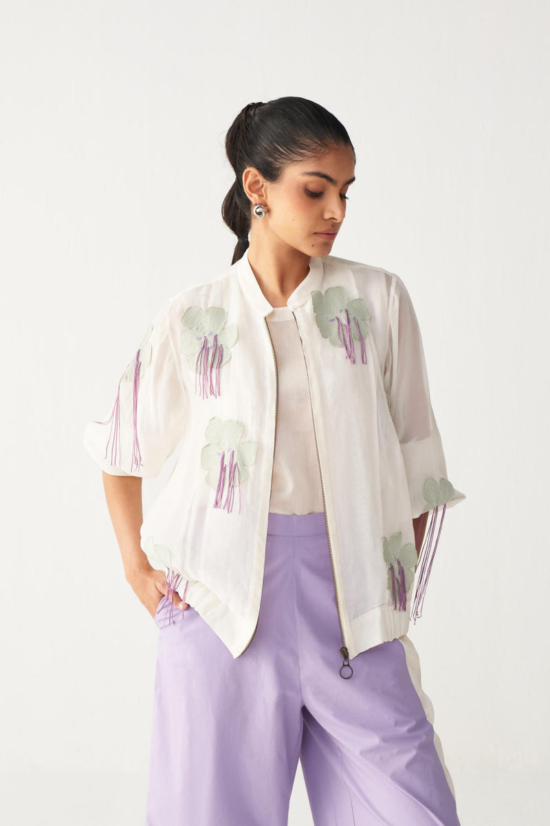 FLORAL FRINGE BOMBER CO-ORD-IVORY & LAVENDER chanderi by THREE in ivory color for women in Singapore