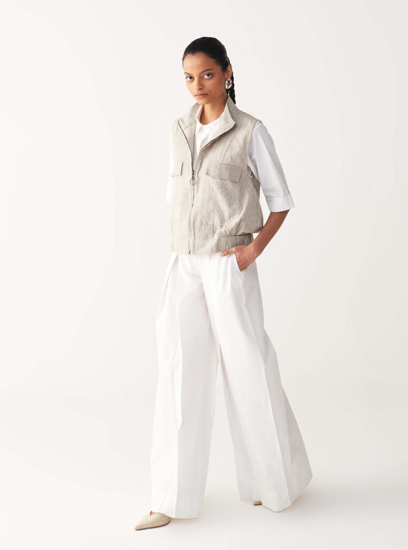 SLEEVELESS EMB. POCKET BOMBER -BEIGE cotton by THREE in beige color for women in Singapore