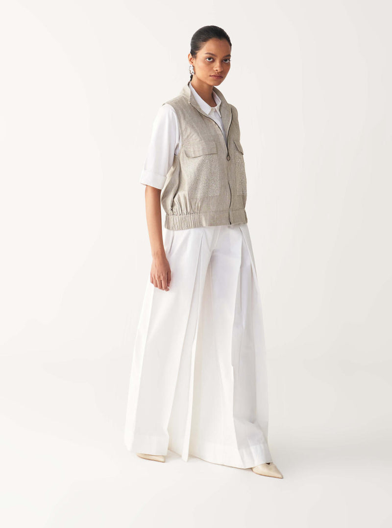 SLEEVELESS EMB. POCKET BOMBER -BEIGE cotton by THREE in beige color for women in Singapore