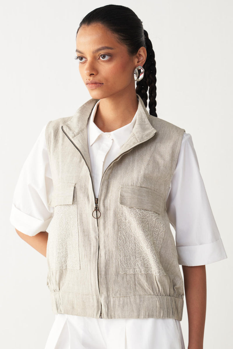SLEEVELESS EMB. POCKET BOMBER (SET OF 3)-BEIGE & WHITE cotton by THREE in beige color for women in Singapore