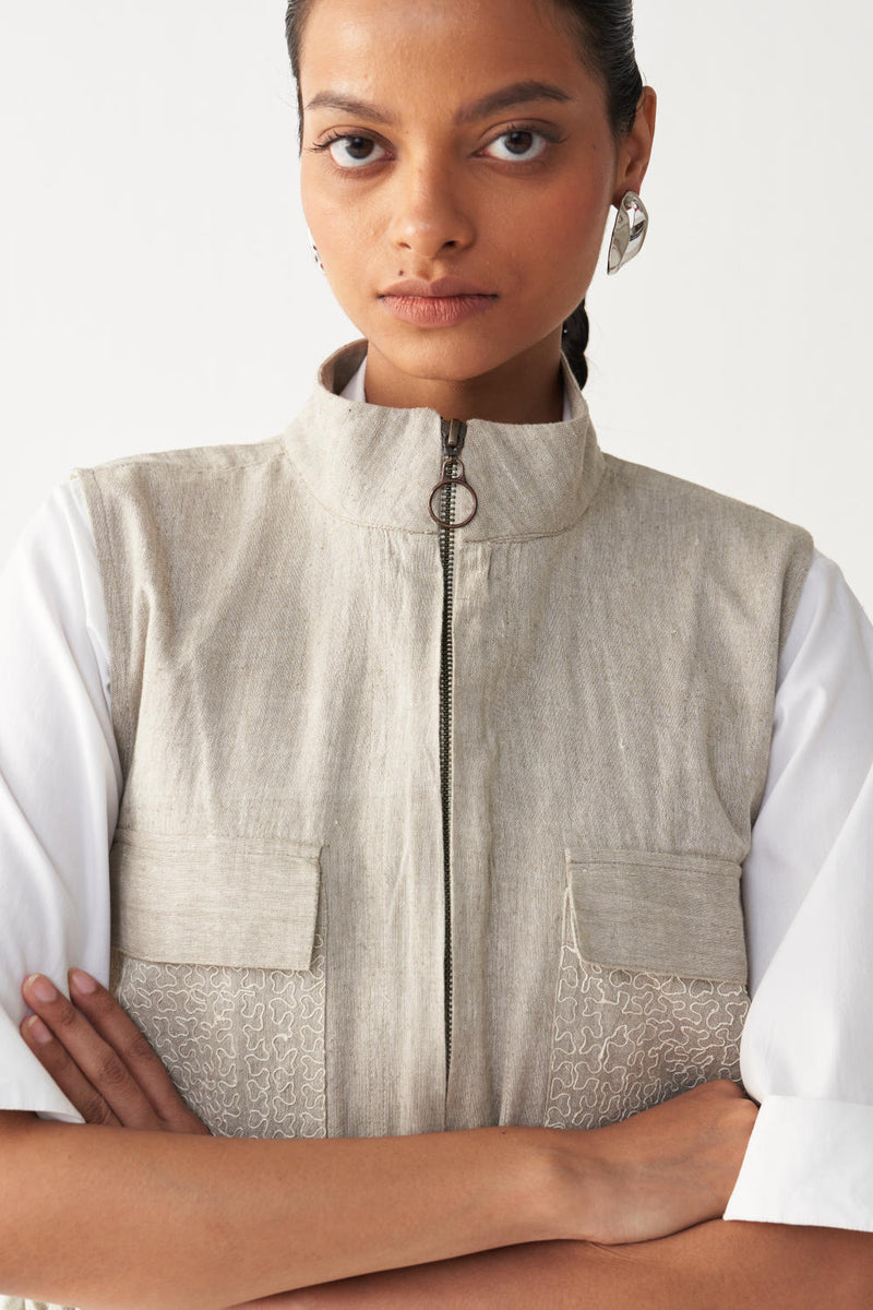 SLEEVELESS EMB. POCKET BOMBER (SET OF 3)-BEIGE & WHITE cotton by THREE in beige color for women in Singapore