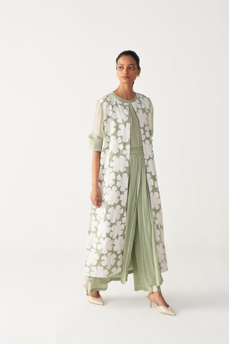 FLORAL BACK YOKE JACKET CO-ORD (SET OF 3)-MINT organza by THREE in mint color for women in Singapore