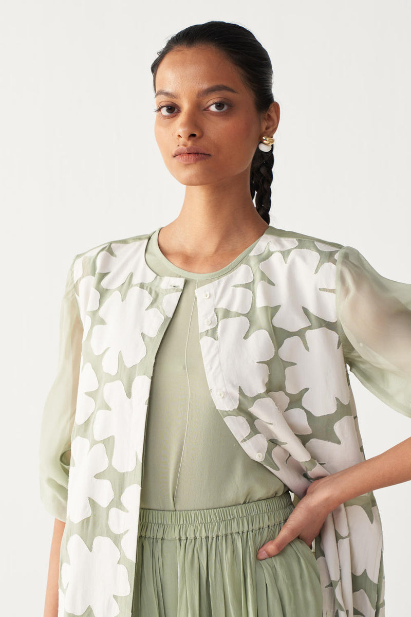FLORAL BACK YOKE JACKET-MINT organza by THREE in mint color for women in Singapore