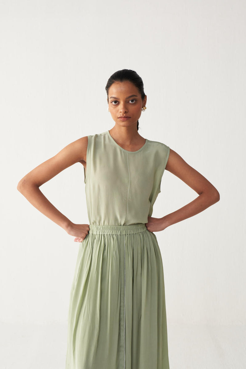 ROUND NECK TOP CO-ORD-MINT silk by THREE in mint color for women in Singapore