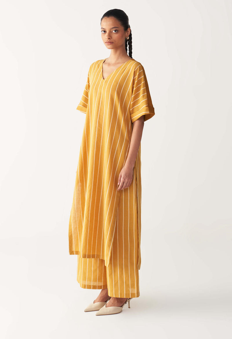 V-NECK KAFTAN CO-ORD-MUSTARD STRIPES cotton by THREE in mustard color for women in Singapore
