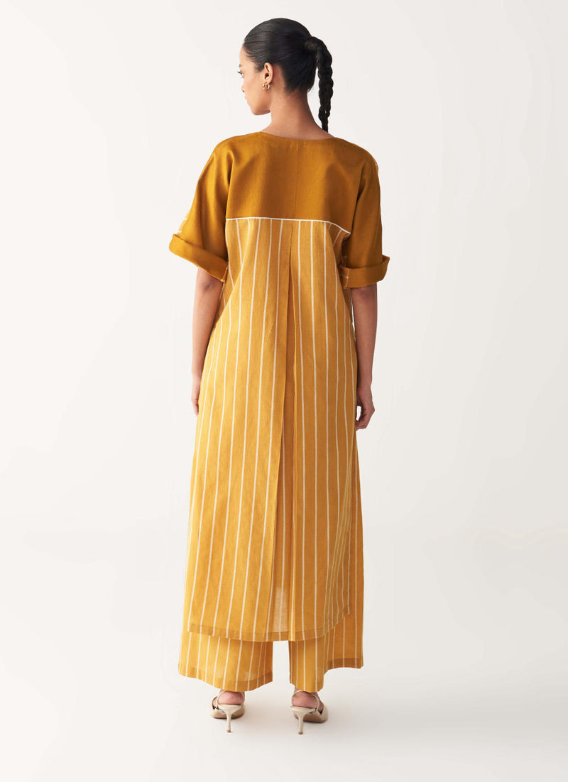 V-NECK KAFTAN CO-ORD-MUSTARD STRIPES cotton by THREE in mustard color for women in Singapore