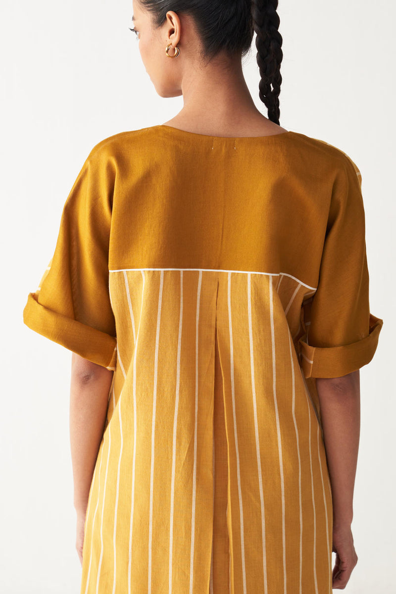 V-NECK KAFTAN CO-ORD-MUSTARD STRIPES cotton by THREE in mustard color for women in Singapore