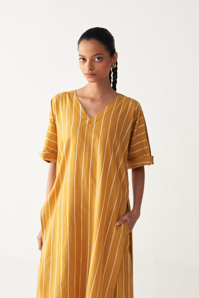 V-NECK KAFTAN CO-ORD-MUSTARD STRIPES cotton by THREE in mustard color for women in Singapore