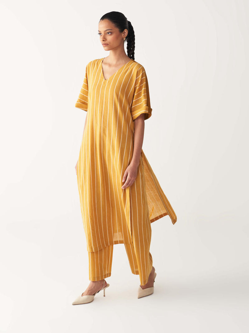 V-NECK KAFTAN CO-ORD-MUSTARD STRIPES cotton by THREE in mustard color for women in Singapore