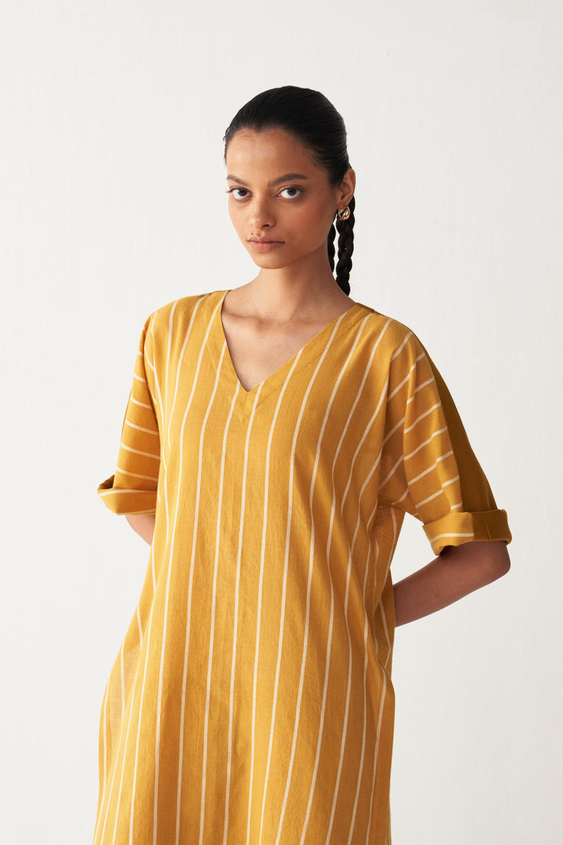 V-NECK KAFTAN CO-ORD-MUSTARD STRIPES cotton by THREE in mustard color for women in Singapore